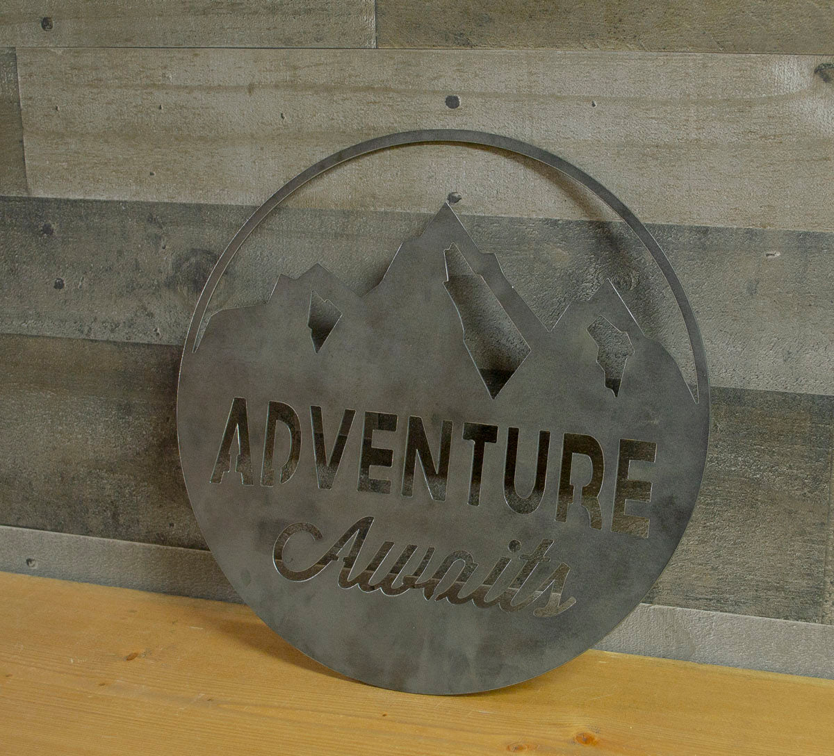Adventure Awaits Round Metal Sign, Industrial, Farmhouse Decor, Cabin Wall Art,