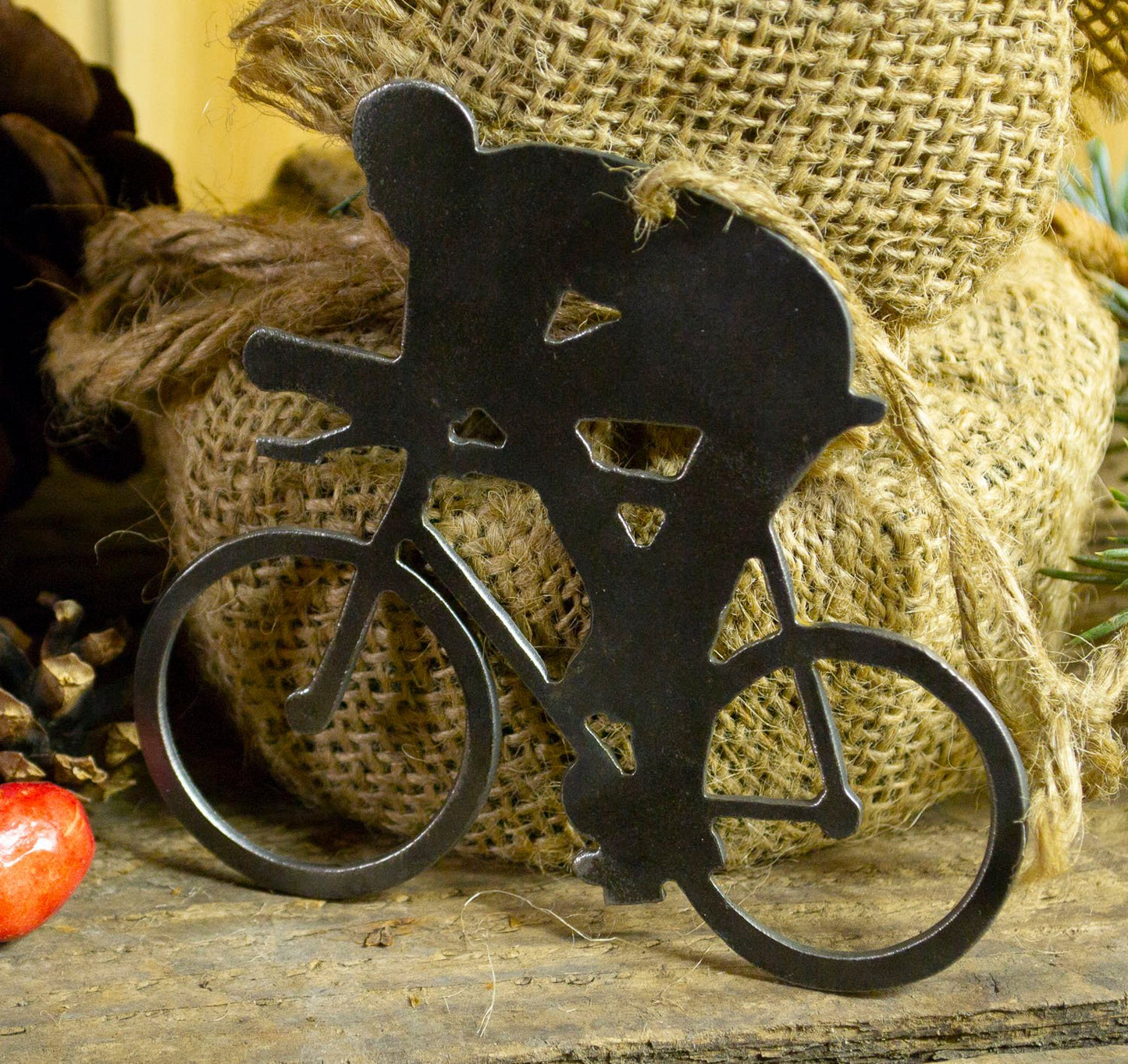 Cyclist Bicycle Metal Christmas Tree Ornament Holiday Decoration Raw Steel Gift Recycled Nature Home Decor