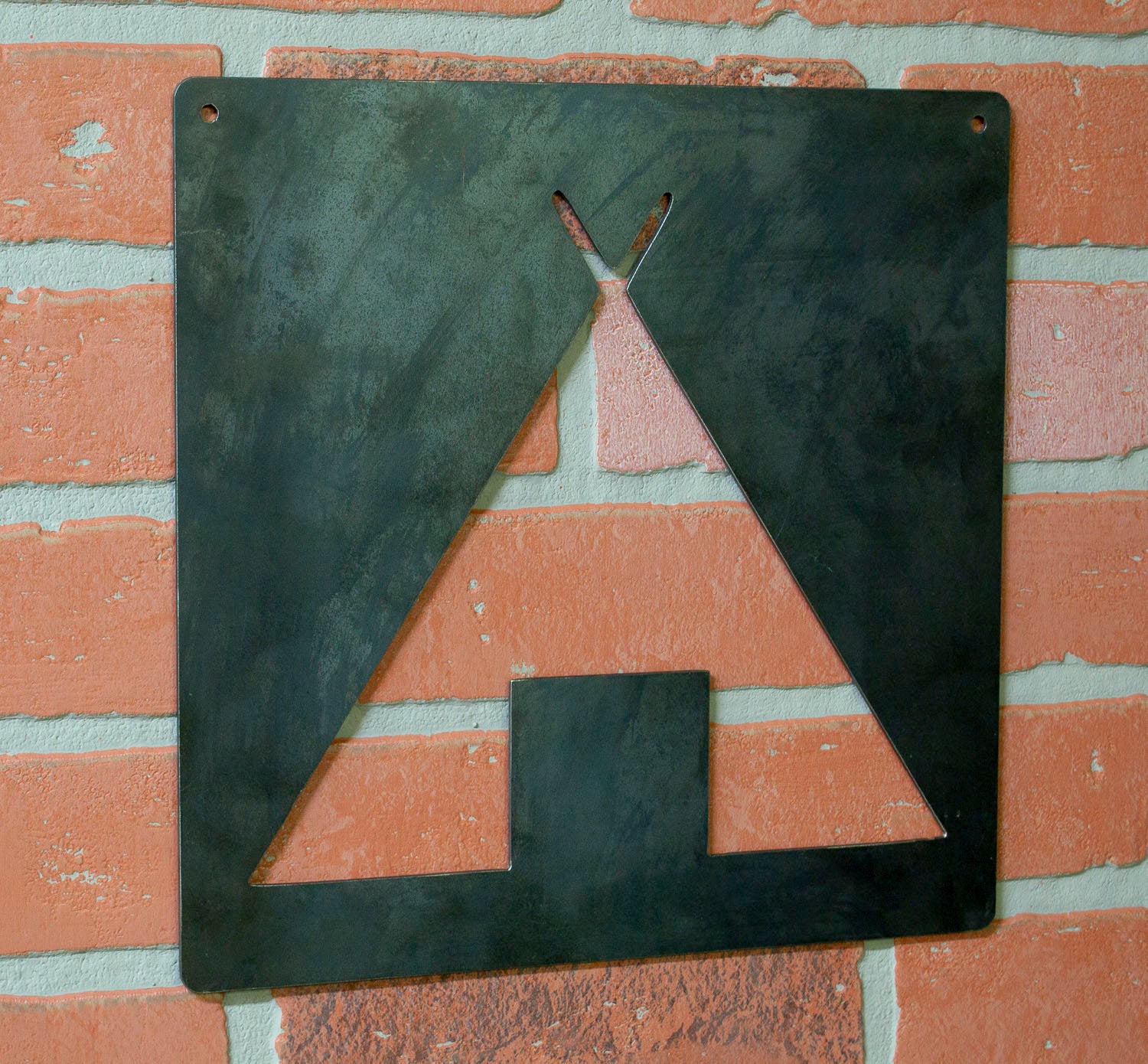 Campsite Symbol Metal Wall Hanging, Raw Industrial Steel, Hiking, Camping, Travel