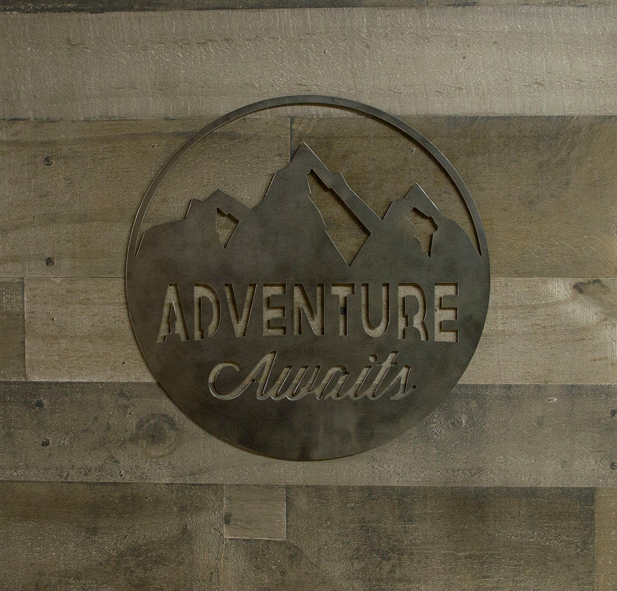 Adventure Awaits Round Metal Sign, Industrial, Farmhouse Decor, Cabin Wall Art,