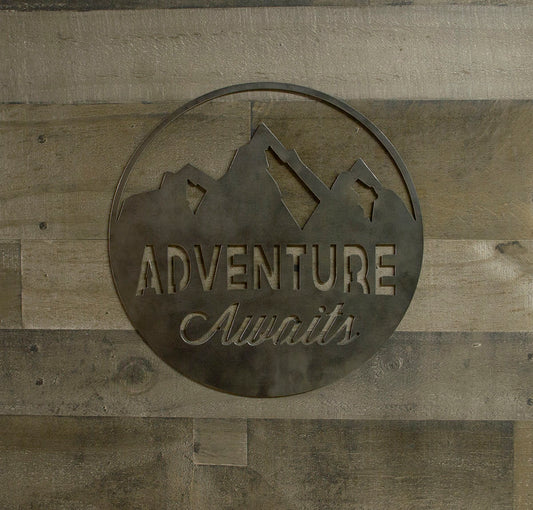 Adventure Awaits Round Metal Sign, Industrial, Farmhouse Decor, Cabin Wall Art,