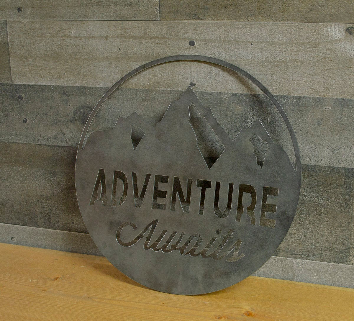 Custom, Personalized, Adventure Awaits Round Metal Sign, Industrial, Farmhouse Decor, Cabin Wall Art,