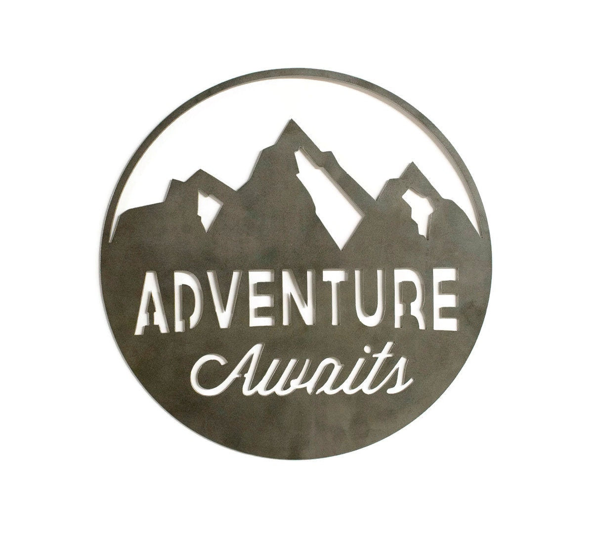 Custom, Personalized, Adventure Awaits Round Metal Sign, Industrial, Farmhouse Decor, Cabin Wall Art,