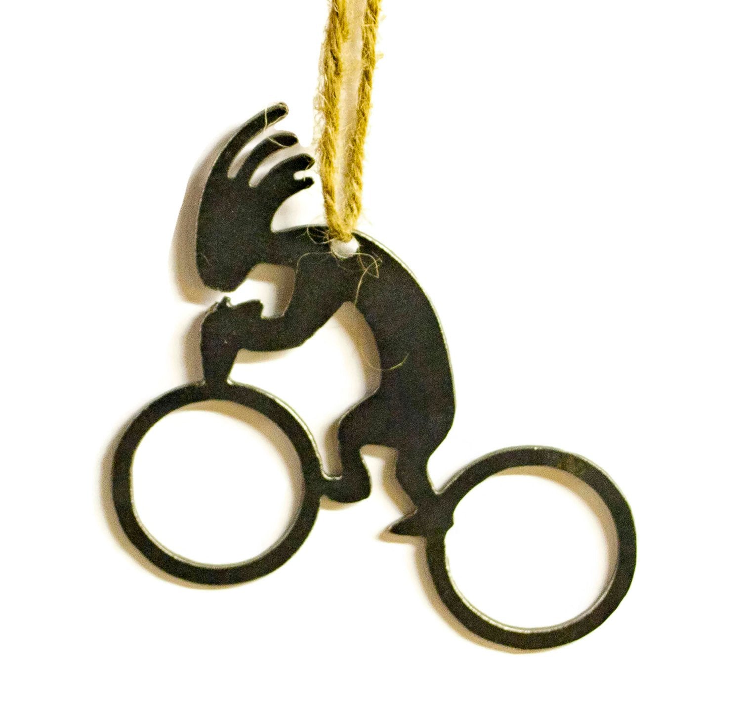 Kokopelli Bicycle Cyclist Metal Christmas Tree Ornament Southwestern Holiday Gift Home Decoration Raw Steel Ironwork Decor Recycled