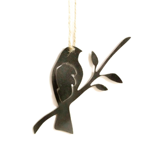 Bird on Branch Metal Christmas Ornament Tree Stocking Stuffer Party Favor Holiday Decoration Raw Steel Gift Recycled Nature Home Decor
