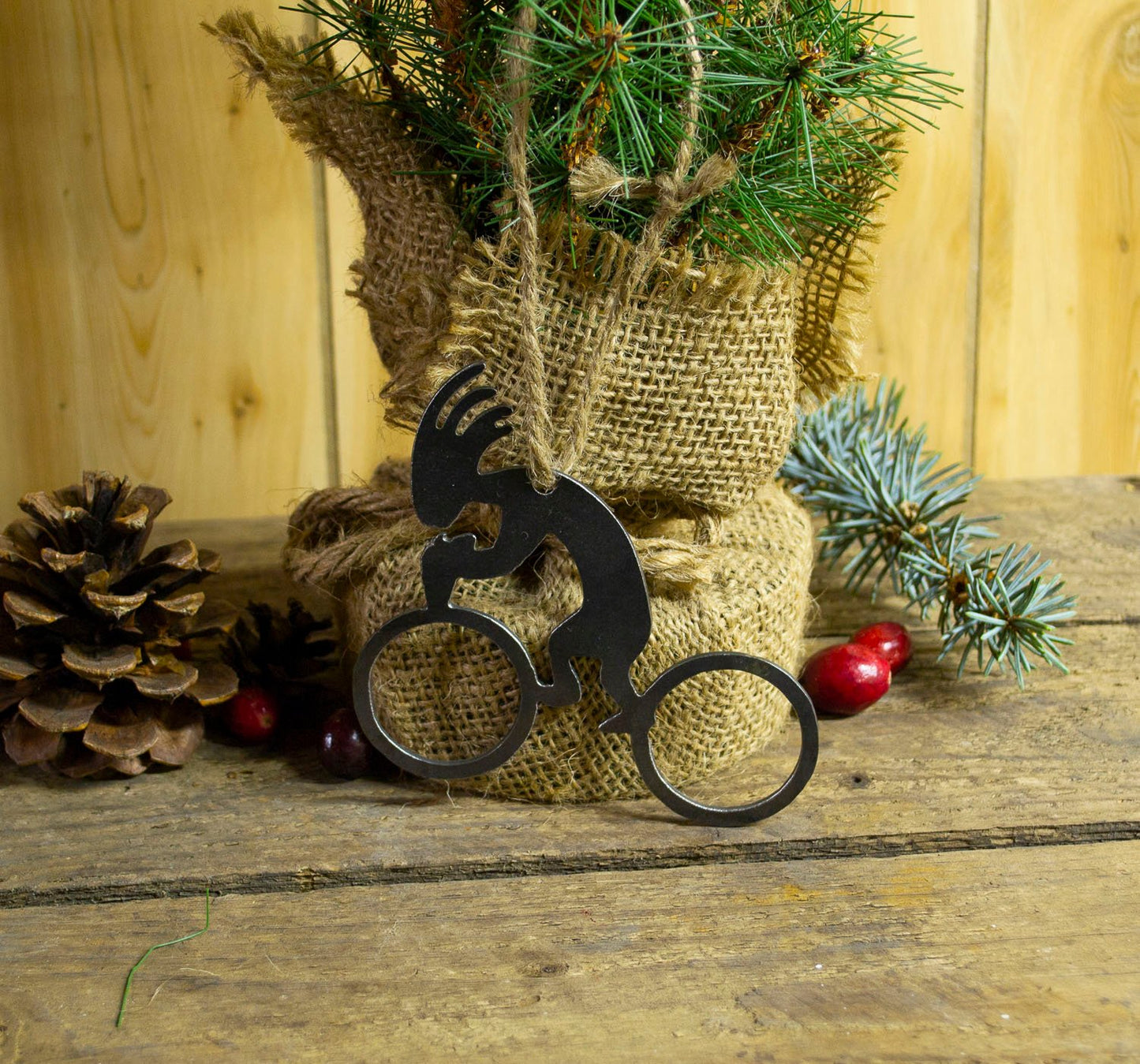 Kokopelli Bicycle Cyclist Metal Christmas Tree Ornament Southwestern Holiday Gift Home Decoration Raw Steel Ironwork Decor Recycled