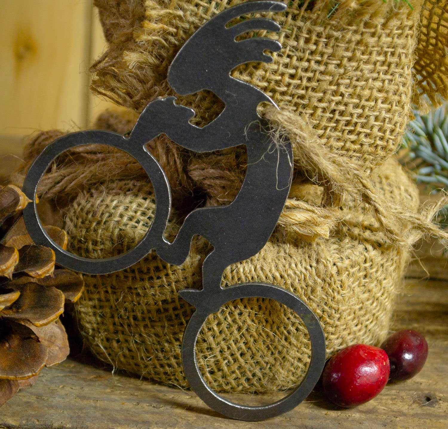 Kokopelli Bicycle Cyclist Metal Christmas Tree Ornament Southwestern Holiday Gift Home Decoration Raw Steel Ironwork Decor Recycled