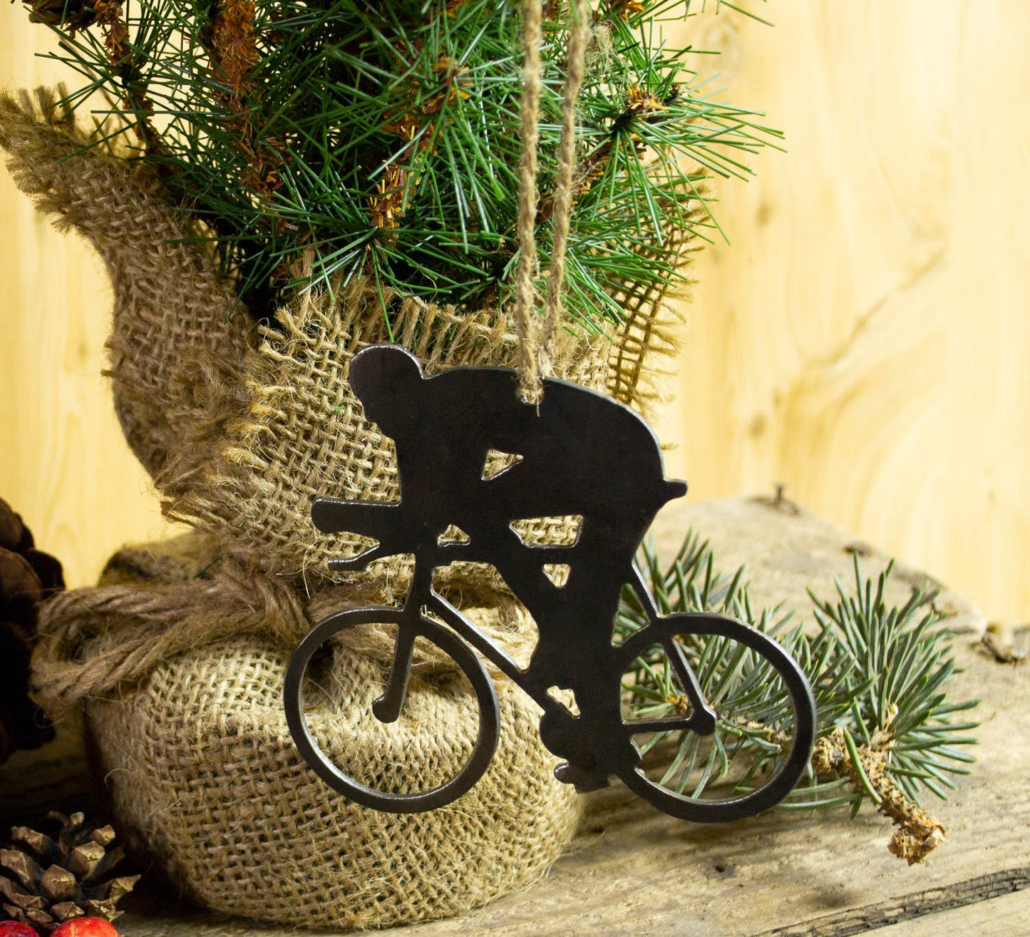 Cyclist Bicycle Metal Christmas Tree Ornament Holiday Decoration Raw Steel Gift Recycled Nature Home Decor