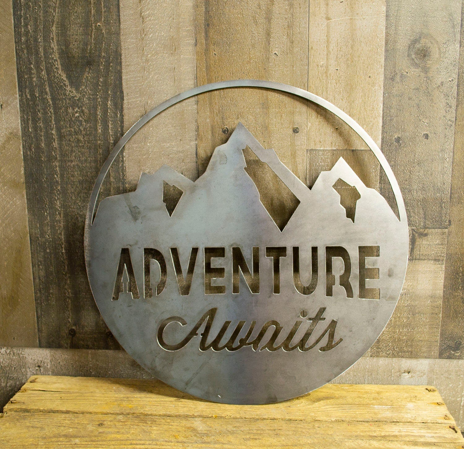 Custom, Personalized, Adventure Awaits Round Metal Sign, Industrial, Farmhouse Decor, Cabin Wall Art,