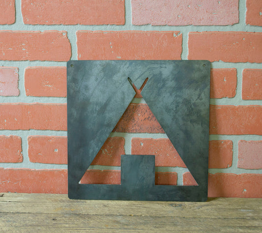 Campsite Symbol Metal Wall Hanging, Raw Industrial Steel, Hiking, Camping, Travel