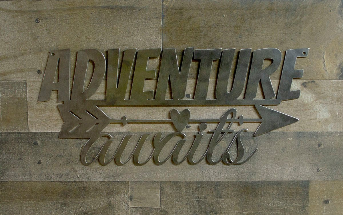 Adventure Awaits Metal Wall Sign, Arrow, Modern Farmhouse, Hiking, Camping, Travel, Raw Steel, Rustic Farmhouse Decor