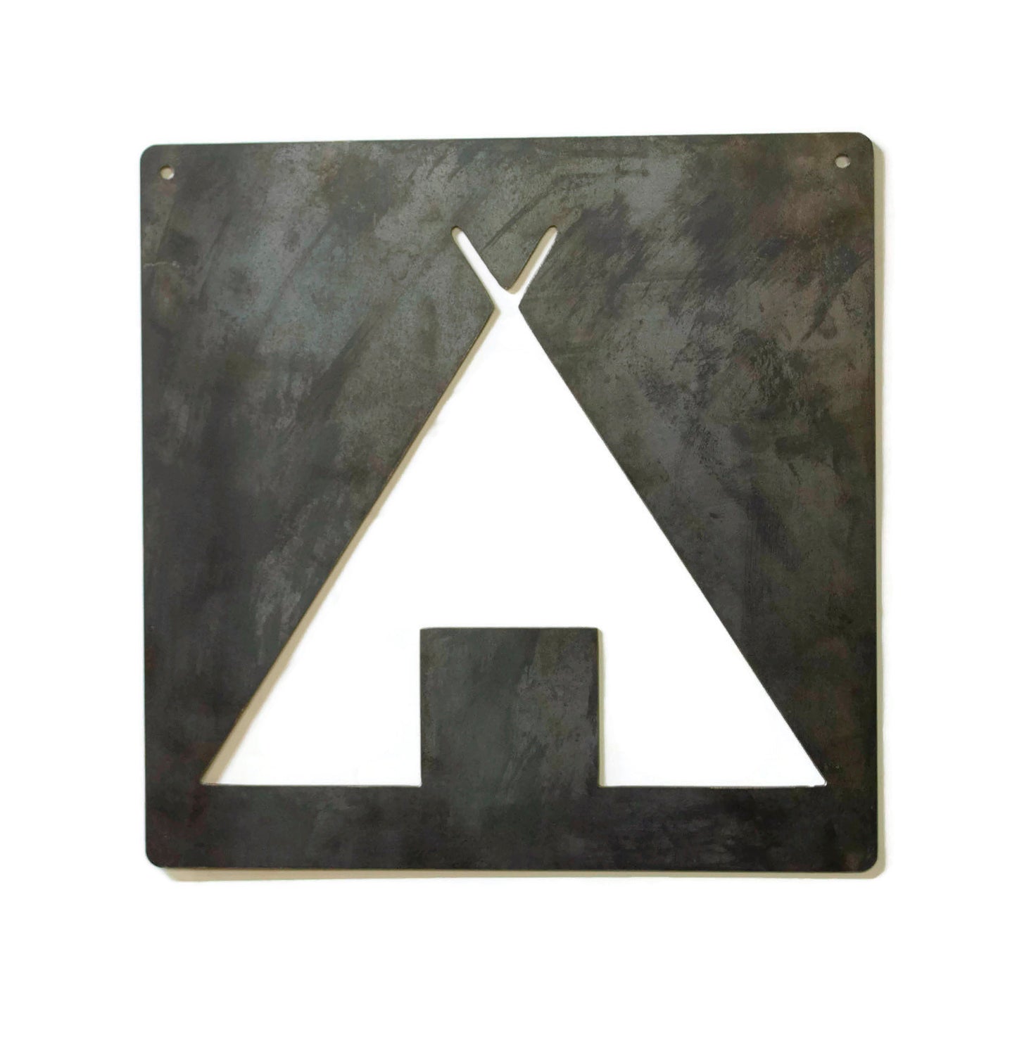 Campsite Symbol Metal Wall Hanging, Raw Industrial Steel, Hiking, Camping, Travel