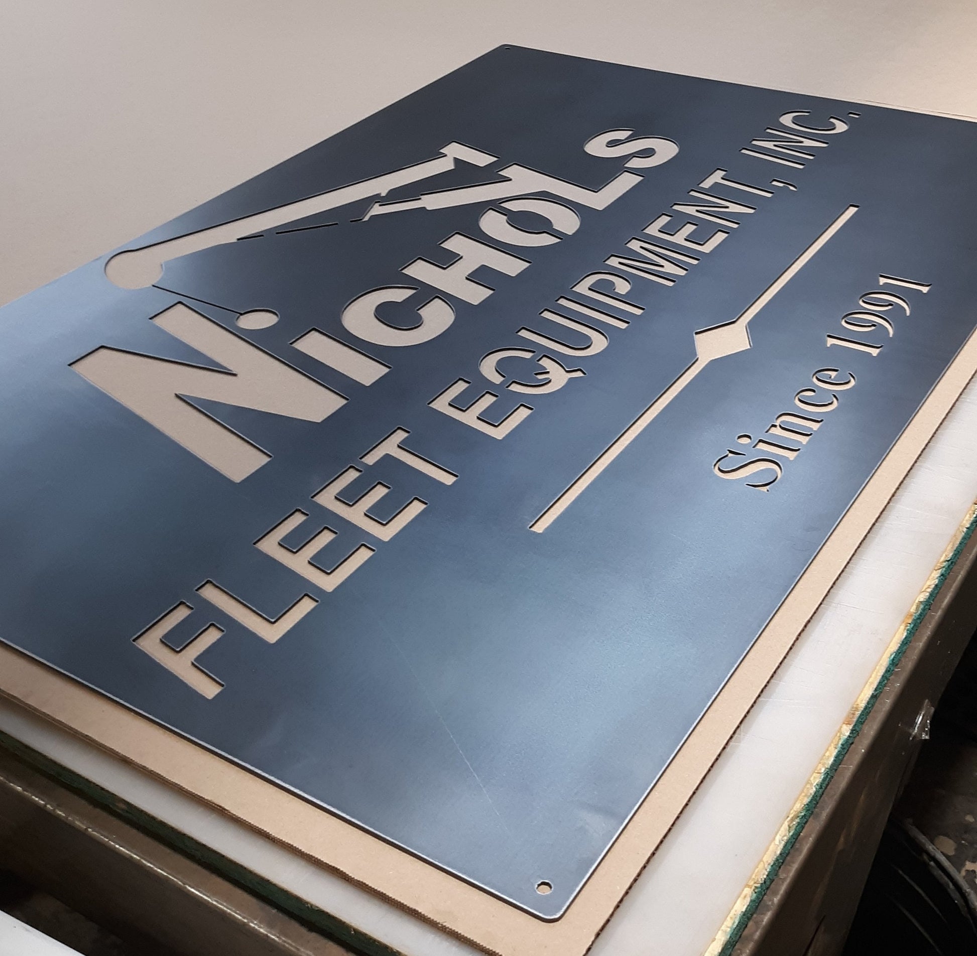Custom steel sign, Nichols Fleet, Raw steel, business logo sign, indoor, outdoor sign